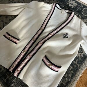 Maje Paris preppy tennis White Cardigan with Black and Pink Trim knit sweater S